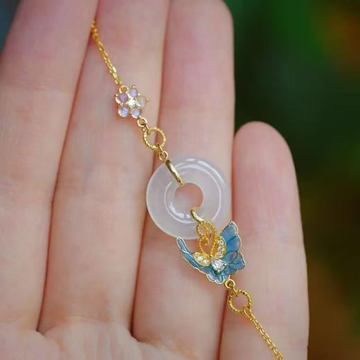 龢盒原创 9k金镶白冰翡翠平安圈耳环手链套装 商品图1