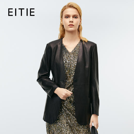 EITIE爱特爱秋季新款时尚休闲收腰显瘦黑色皮衣外套7993601 商品图0