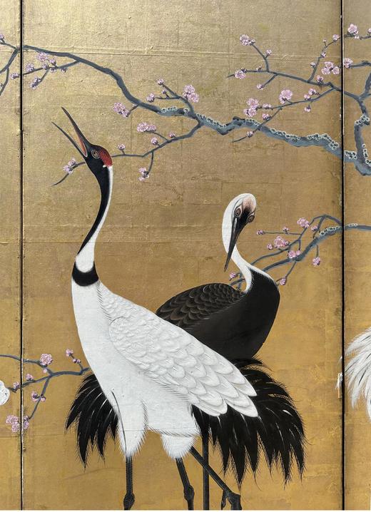 独角鹿西洋古董18世纪日本江户时期出品狩野派风格「竹樱鹤鸣」 主题金地纸本设色六曲屏风 商品图4