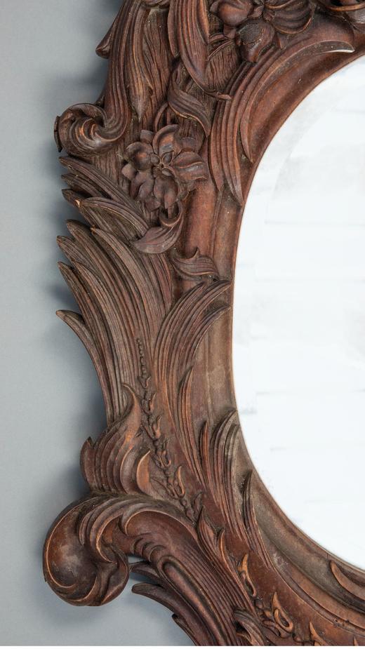 独角鹿西洋古董法国出品路易十五风格古典花卉卷叶主题胡桃木精雕挂镜 商品图3