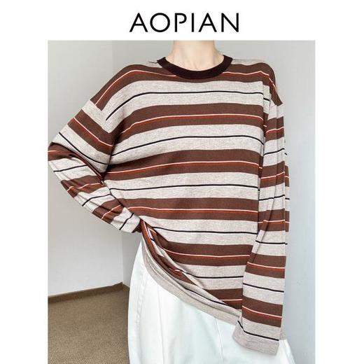 奥篇【撞色条纹】可水洗真丝羊毛混纺 宽松廓形圆领复古条纹针织衫 商品图2