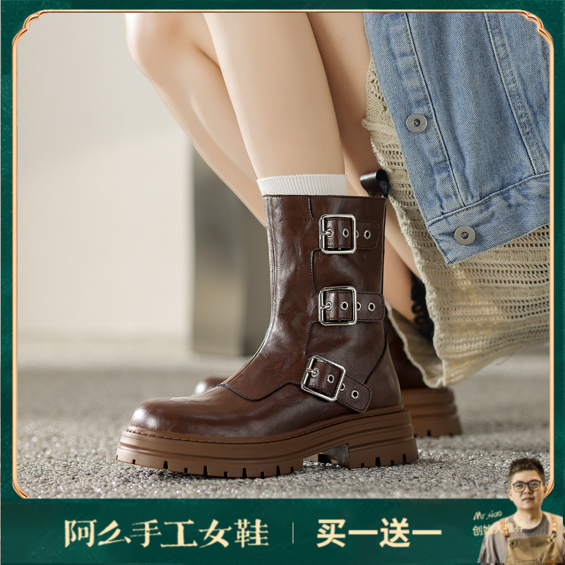 阿么手工女鞋皮带扣酷帅机车风短靴5CM潮流时尚骑士圆头厚底复古