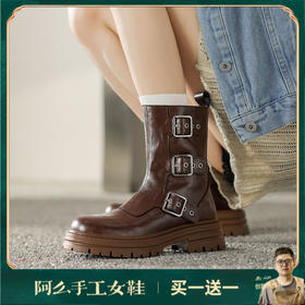 阿么手工女鞋皮带扣酷帅机车风短靴5CM潮流时尚骑士圆头厚底复古