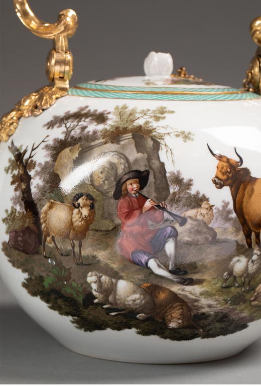 独角鹿西洋古董德国梅森田园牧歌主题彩绘描金茶壶摆件古董瓷器 商品图6