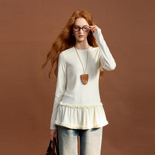 三彩2025冬季新款磨毛T恤圆领长袖拼接套头上衣内搭叠穿简约M 商品图1