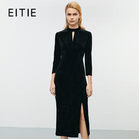 EITIE爱特爱水滴立领黑色修身显瘦礼服连衣裙冬季新款8077703