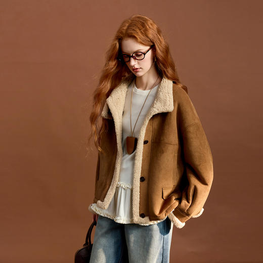 三彩2025冬季新款磨毛T恤圆领长袖拼接套头上衣内搭叠穿简约M 商品图2