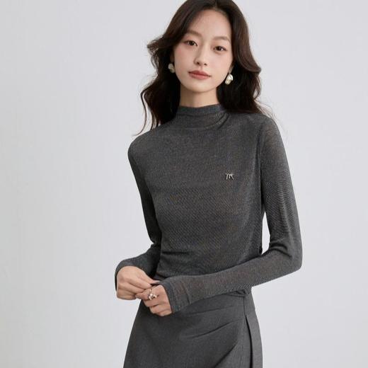 「自」全新升级【铂金会员146/天猫199/差价53】(53929)洛诗琳新款半高领打底衫2025秋季时尚网纱针织打底上衣女 商品图1