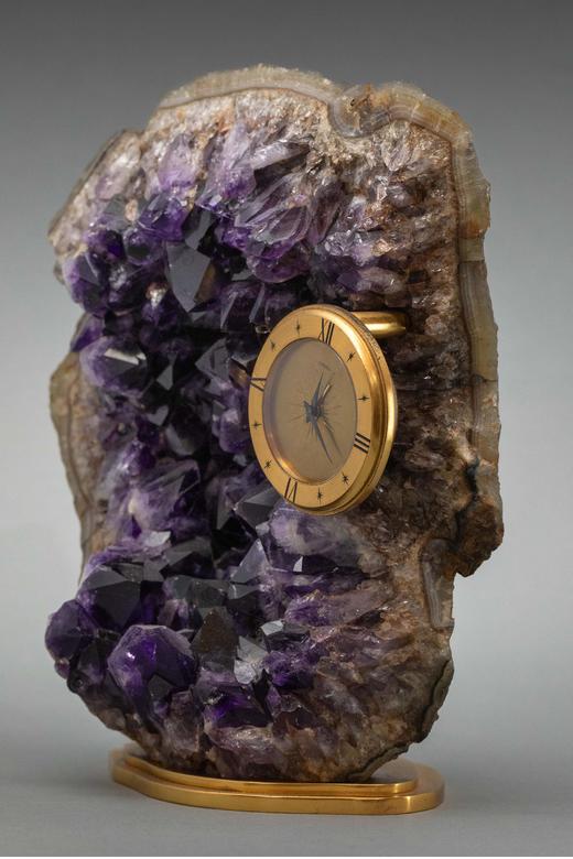 独角鹿西洋古董英国知名品牌Alfred Dunhill签名出品天然紫水晶洞装饰铜鎏金底座及圆形表盘座钟 商品图2