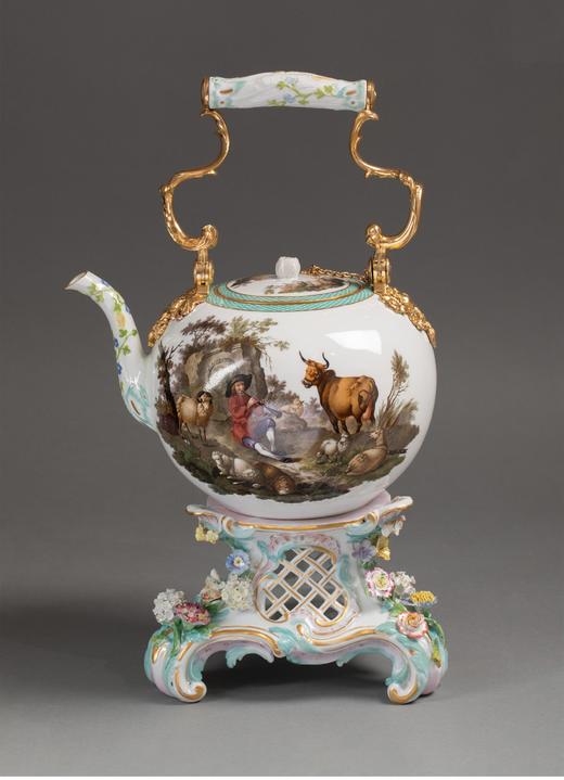 独角鹿西洋古董德国梅森田园牧歌主题彩绘描金茶壶摆件古董瓷器 商品图0