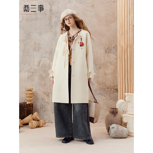 【暖冬内购】两三事 长日将尽 2025秋冬新款甜美蝴蝶结装饰毛呢外套女配胸针 商品图0