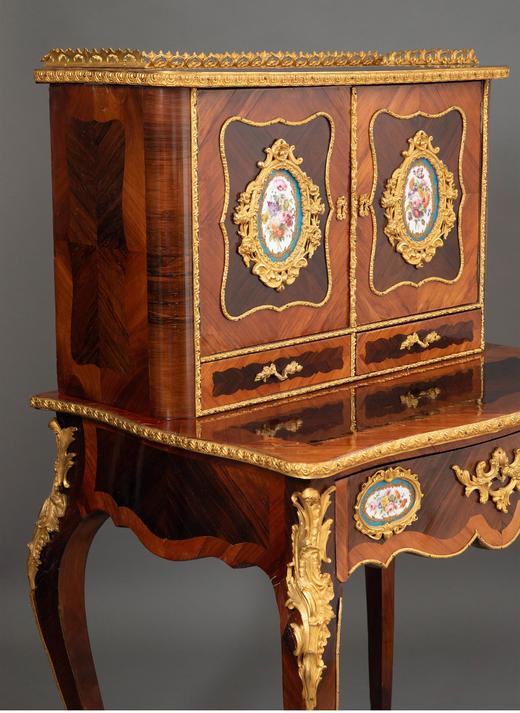 独角鹿西洋古董法国拿破仑三世时期出品古典卷叶纹铜鎏金精雕镶嵌花卉主题瓷面画细木镶嵌写字台 商品图4