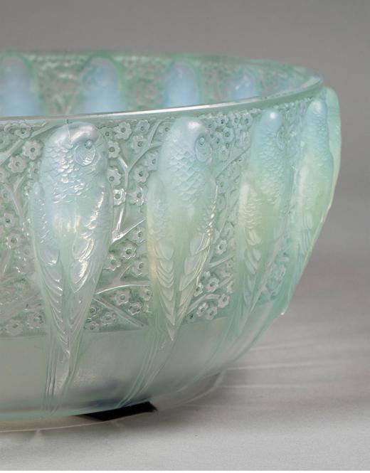 独角鹿西洋古董法国顶级水晶工坊莱俪LALIQUE设计出品「Perruches 鹦鹉」主题蓝绿色欧泊水晶碗古董摆件 商品图2