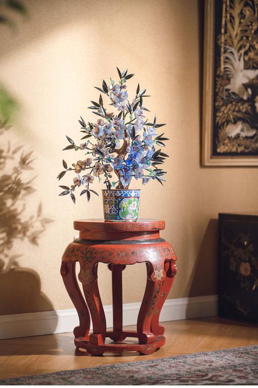 【已售】中国古董 传统花卉纹景泰蓝盆装饰「蓝韵樱花」珍宝像生盆景摆件 商品图0