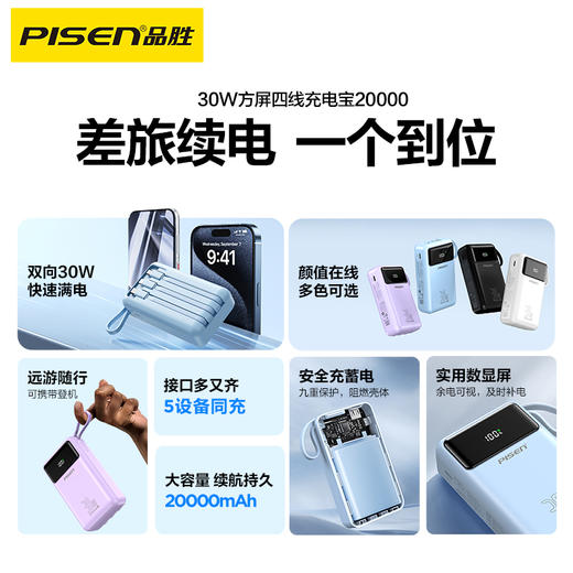 品胜 方块系列30W方屏四线充电宝20000毫安 自带四线苹果/安卓/C口数据线适用华为小米苹果手机支持PD快充移动电源 商品图4
