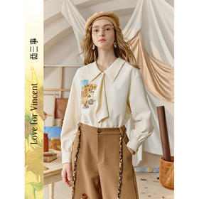 两三事梵高文艺 枕边心事 2025秋季新款印花贴布绣领带装饰衬衫女