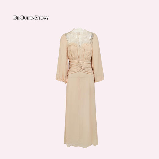 余潇潇【爱琴海暖阳】乔其纱气质优雅褶皱收腰修身拼接蕾丝连衣裙 商品图4