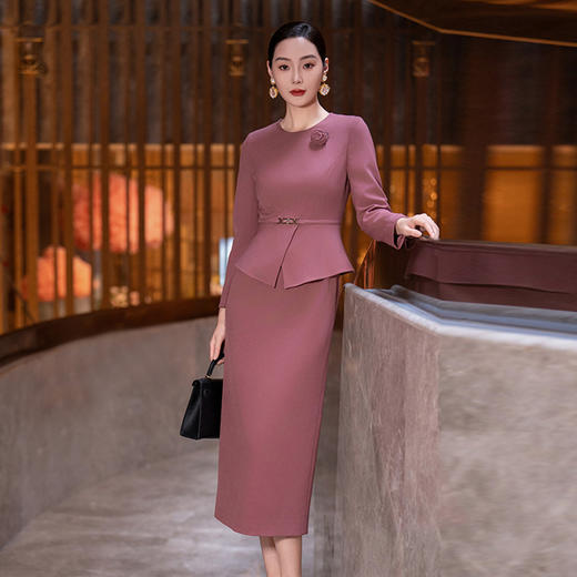Y435粉色连衣裙女2025秋季新款气质时尚减龄修身显瘦假两件长袖直筒裙 商品图0