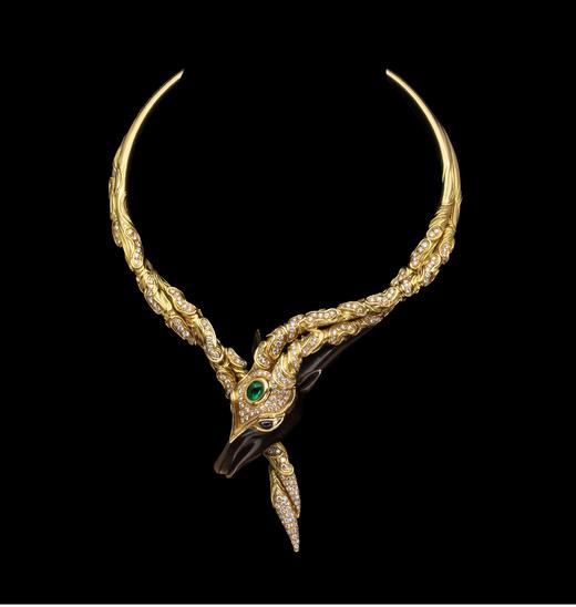 独角鹿西洋古董法国顶级珠宝品牌尚美Chaumet出品骏马造型18K黄金装饰青铜镶嵌钻石祖母绿及蓝宝石古董项链 带原盒 商品图0