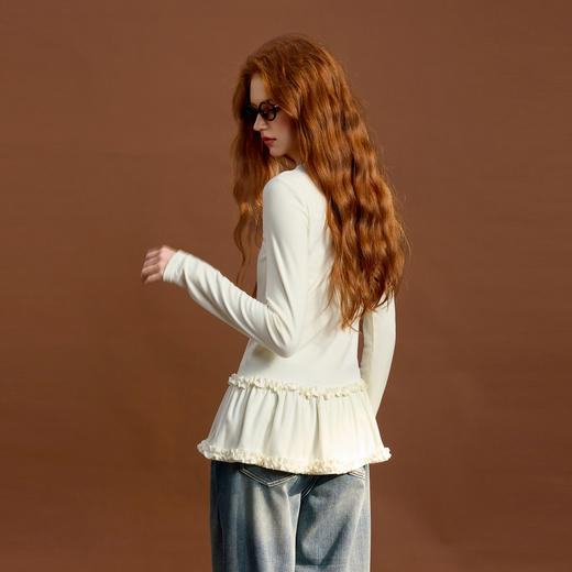 三彩2025冬季新款磨毛T恤圆领长袖拼接套头上衣内搭叠穿简约M 商品图3