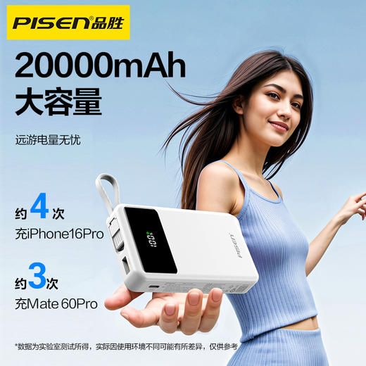 品胜 方块系列30W方屏四线充电宝20000毫安 自带四线苹果/安卓/C口数据线适用华为小米苹果手机支持PD快充移动电源 商品图2
