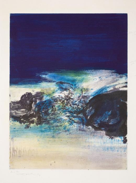 独角鹿西洋古董法国巴黎Berggruen & Cie出版赵无极亲签限量彩色凹版蚀刻古董版画 商品图0