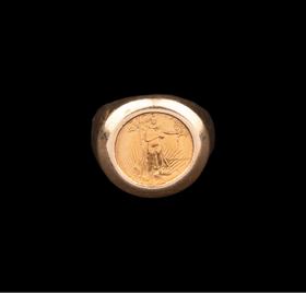 独角鹿西洋古董美国出品14K黄金戒托镶嵌圣高登斯主题鹰扬金币戒指古董珠宝