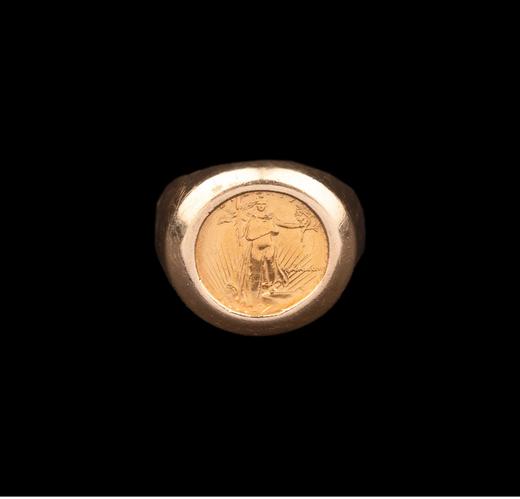 独角鹿西洋古董美国出品14K黄金戒托镶嵌圣高登斯主题鹰扬金币戒指古董珠宝 商品图0