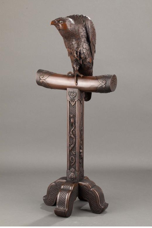 独角鹿西洋古董日本明治时期工匠正明签名出品龙纹底座装饰雄鹰造型赤铜古董雕塑 商品图1