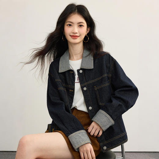 【09/10新品】熙世界复古巴恩风撞色翻领牛仔外套女小个子短款上衣2025秋季新款 商品图3