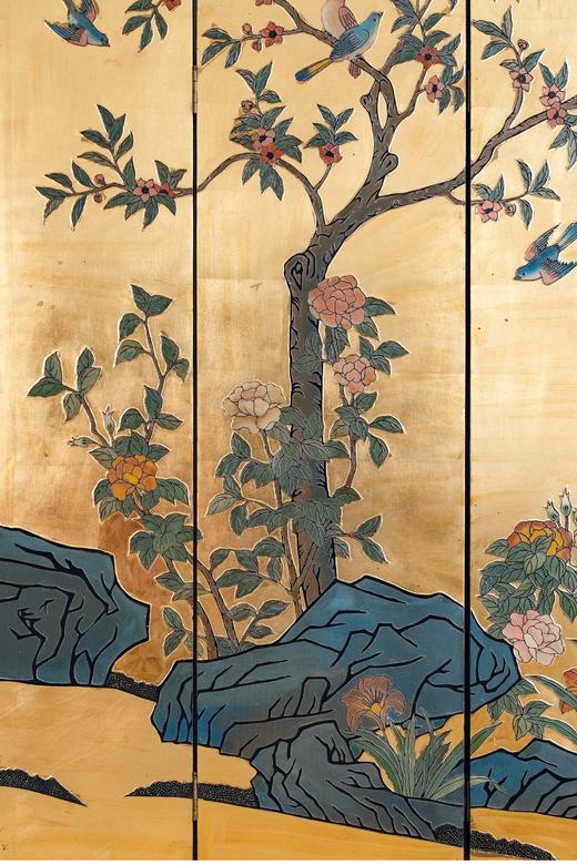 【已售】独角鹿西洋古董20世纪中期中国出品「富贵花鸟」主题金地款彩雕漆双面四曲隔断装饰屏风 商品图4