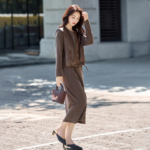 休闲百搭皮马甲条纹裙，套装两件套长袖连衣裙HR-YF2622 商品图1