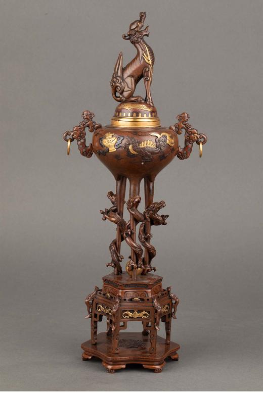 日本回流 日本明治时期出品祥云瑞兽主题镀金银精雕装饰麒麟顶盖及盘龙三足底座赤铜香炉一对 商品图1