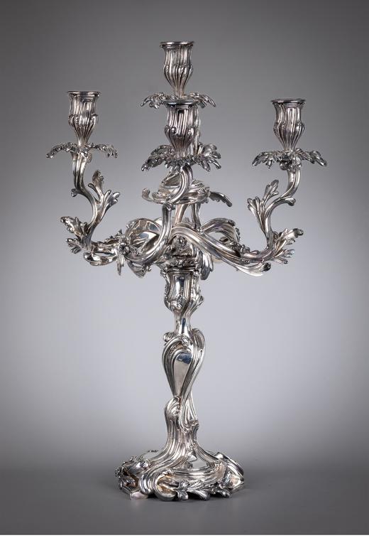 独角鹿西洋古董法国出品Cailar Bayard签名洛可可风格铜镀银精雕五枝头古董烛台艺术摆件一对 商品图2