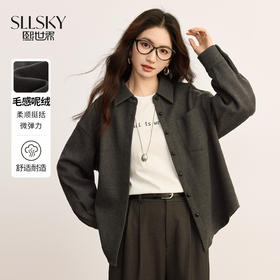 【09/10新品】熙世界格雷系灰色毛呢衬衫女2025秋新款复古宽松休闲翻领衬衣外套
