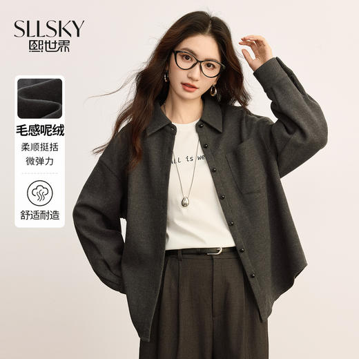 【09/10新品】熙世界格雷系灰色毛呢衬衫女2025秋新款复古宽松休闲翻领衬衣外套 商品图0