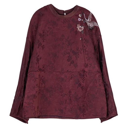 牧衣游原创 丝麻提花手工刺绣套头衫秋拼接东方复古红色上衣 尽染 商品图4