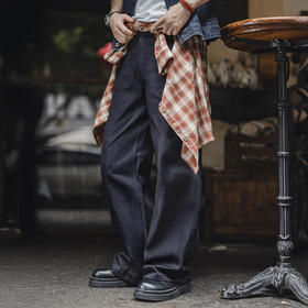 马登工装美式复古微喇阔腿直筒牛仔裤松弛垂感深蓝色赤耳原牛男秋