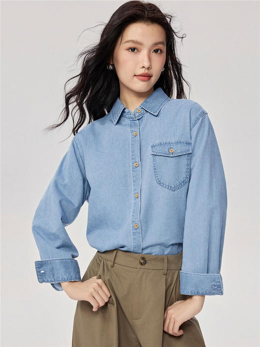 佐丹奴牛仔衬衫女新款复古风纯棉洗水单口袋长袖牛仔衬衣13345862 商品图3