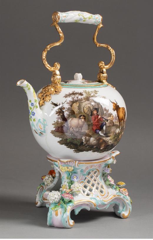 独角鹿西洋古董德国梅森田园牧歌主题彩绘描金茶壶摆件古董瓷器 商品图1