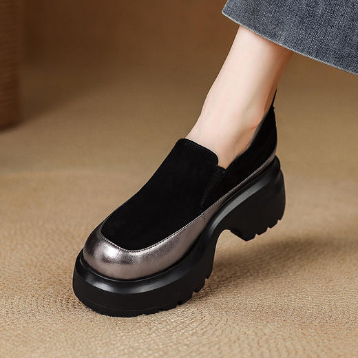 【预售5天】超轻厚底小皮鞋女真皮松糕乐福鞋新款秋季拼色高跟气质深口单鞋HHY&S1172 商品图2