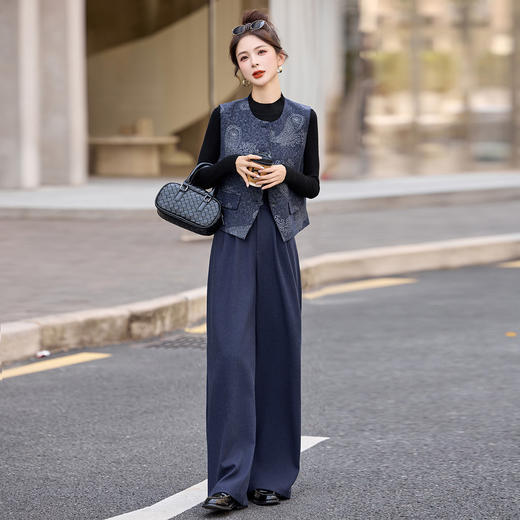 HR ZYF8090韩版简约长袖衬衫马甲阔腿裤三件套 商品图1