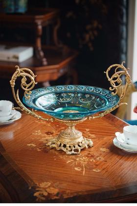 独角鹿西洋古董19世纪末法国出品铜鎏金底座珐琅装饰蓝色水晶果樽