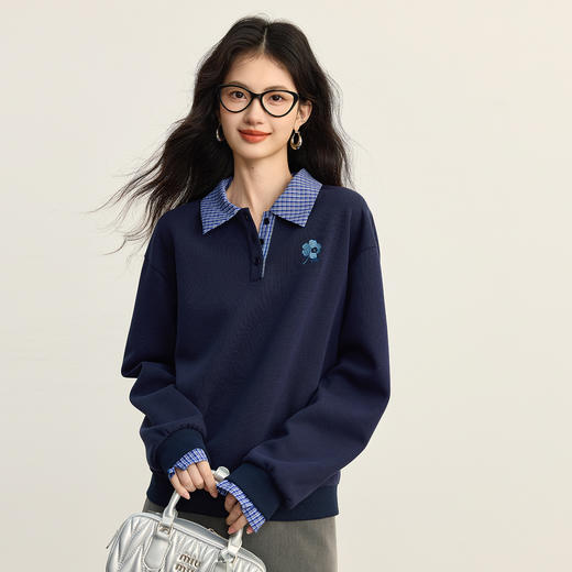 【09/10新品】熙世界学院风撞色格纹拼接POLO领上衣女士假两件卫衣2025秋装新款 商品图3