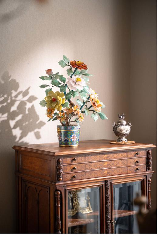 【已售】中国古董 传统宝相花纹景泰蓝盆装饰「富贵康寿」珍宝像生盆景摆件 商品图0