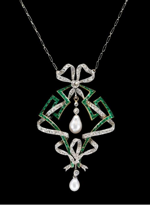 独角鹿西洋古董法国出品美好时代风格蝴蝶结缎带造型铂金镶嵌祖母绿钻石及天然海水珍珠项链古董珠宝 商品图1