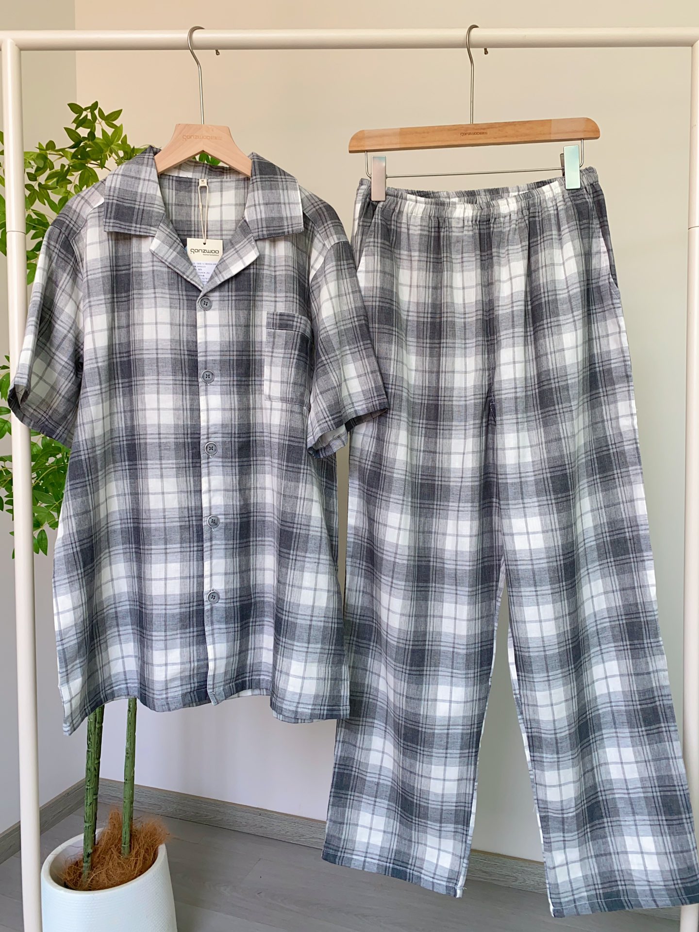 松植屋男款灰白格短袖长裤睡衣套装 男士翻领短袖双层纱家居服