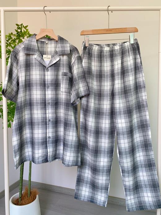 松植屋男款灰白格短袖长裤睡衣套装 男士翻领短袖双层纱家居服 商品图0