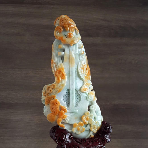 【天然正品】天然细腻细豆种福禄寿琴瑟生花（幸福美满）翡翠配木架摆件190825AK14 现售价：2380特价！ 商品图5