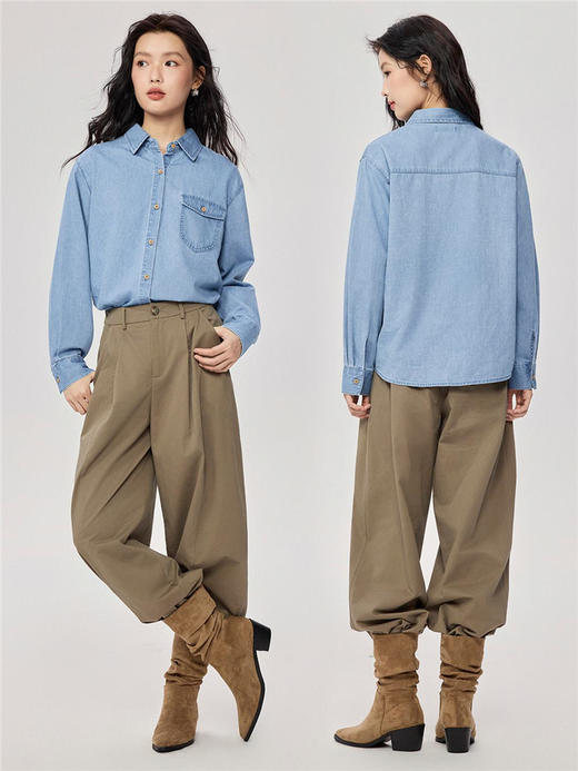 佐丹奴牛仔衬衫女新款复古风纯棉洗水单口袋长袖牛仔衬衣13345862 商品图5